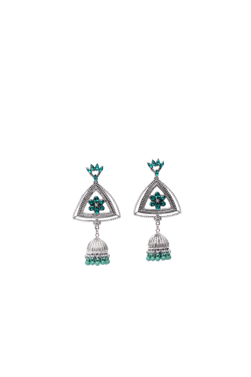 Namokriti Vintage-Inspired Triangular Jhumka Earrings with Stunning Green Crystals & Beads